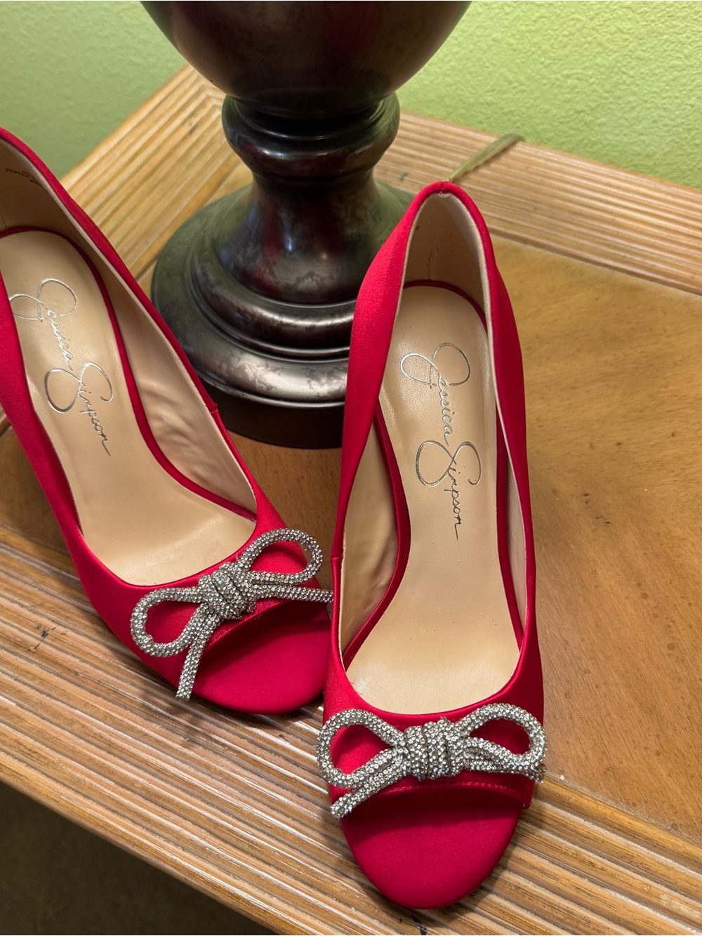 Jessica Simpson Hot Rec Satin Peep-Toe Heels with Crystal Bow